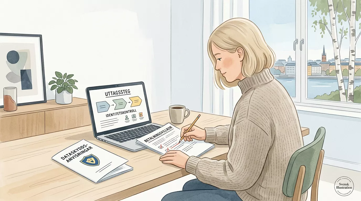 En lugn svensk illustration av betalningsvillkor, uttag och kontrollfrågor